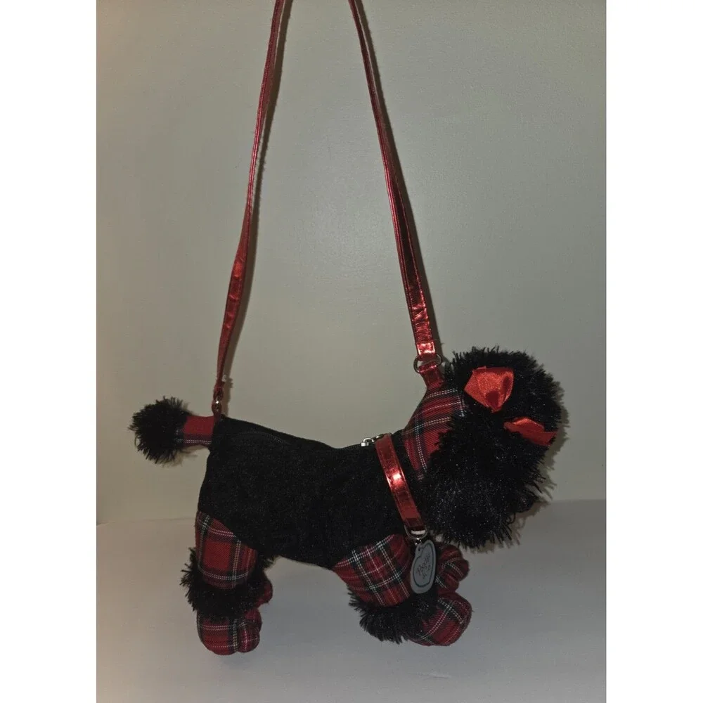 Poochie & Co Novelty Black Plush Poodle Purse Red Plaid Dog Shoulder Bag 13